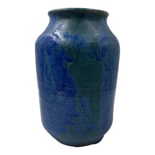 Vintage Signed Studio Pottery Vase in Cobalt Blue and Teal Glaze For Sale