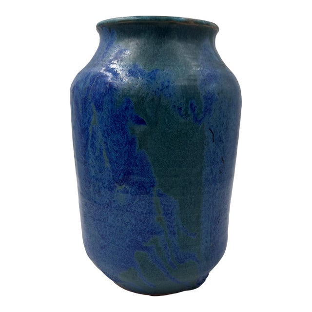 Vintage Signed Studio Pottery Vase in Cobalt Blue and Teal Glaze For Sale