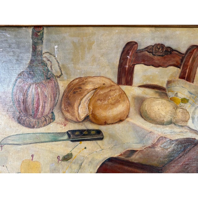 1940s 1949 Vintage Still Life Kitchen Setting Oil on Board Painting, Wood Framed For Sale - Image 5 of 12