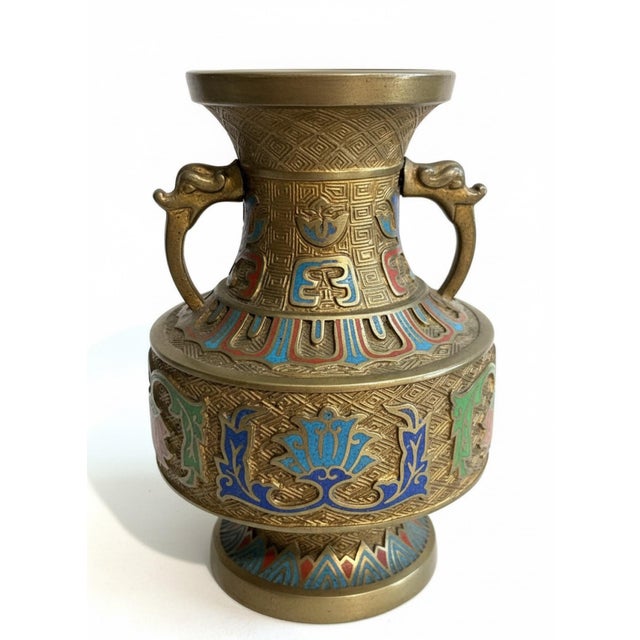 Vintage Asian Champlevé Enamel Brass Vase With Elephant-Head Handles For Sale In Greensboro - Image 6 of 9