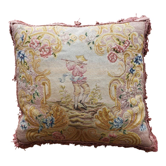 18th Century Antique French Silk Chinoiserie Floral Petit Point Pillow For Sale
