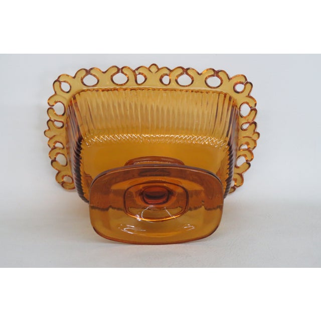 Ftda 1981 Amber Golden Brown Pressed Glass Embossed Pedestal Candy Dish 5088b For Sale - Image 10 of 18