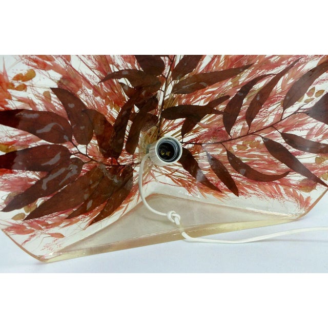 Peacock Table Lamp in Brass & Acrylic Resin with Real Leaves and Grasses, 1970s For Sale - Image 10 of 11