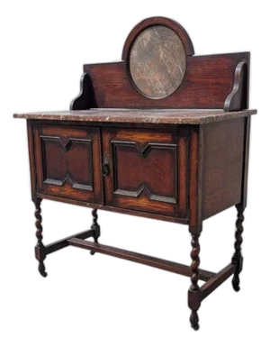Edwardian / Jacobean Revival Oak Marble-Top Washstand, Early 1900s