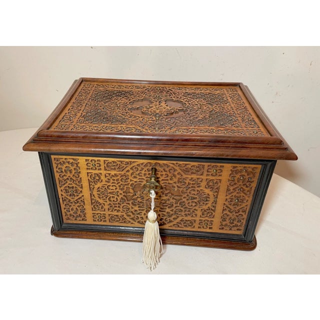 Up for sale is a high quality antique 19th century handmade brass studded carved wooden box. This lovely box is...
