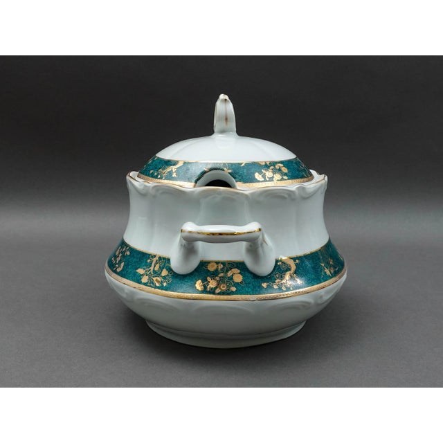 Mid-Century Modern Mid 20th Century Cocema Fes Morocco Prestige Design Green & Gold Porcelain Covered Soup Tureen For Sale - Image 3 of 9