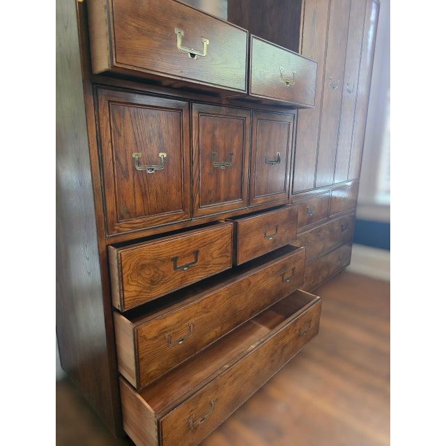 Henredon Artefacts Mid Century Modern Oak Campaign Chest 40" W x 19" D x 55" H -Features- Circa Late 20th Century Solid...