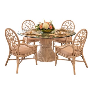 Vintage McGuire Style Sheaf of Wheat Rattan Dining Table & Elinor McGuire Style Cracked Ice Armchairs – Set of 5 For Sale
