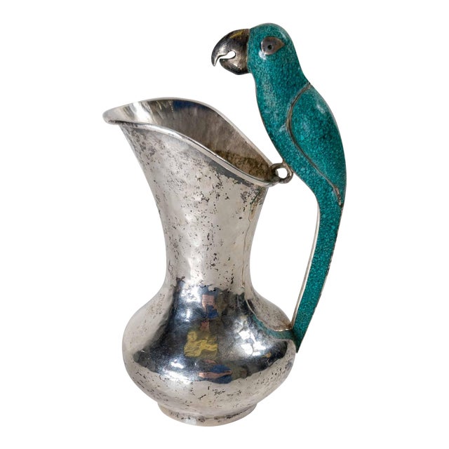 Mid-Century Modern Silverplate Pitcher With Turquoise Bird After Los Castillos by Taxco Cobre For Sale
