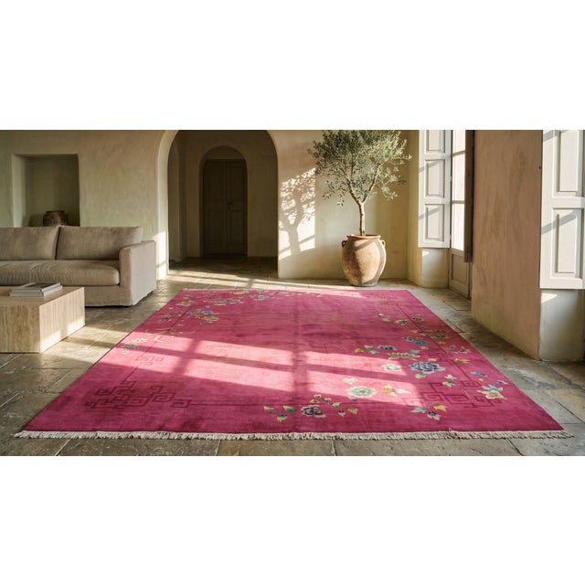 Textile 1920s Bright Pink Floral Modern Antique Chinese Deco Rug 8' 10" X 11' 6" Knotted Wool Carpet For Sale - Image 7 of 9