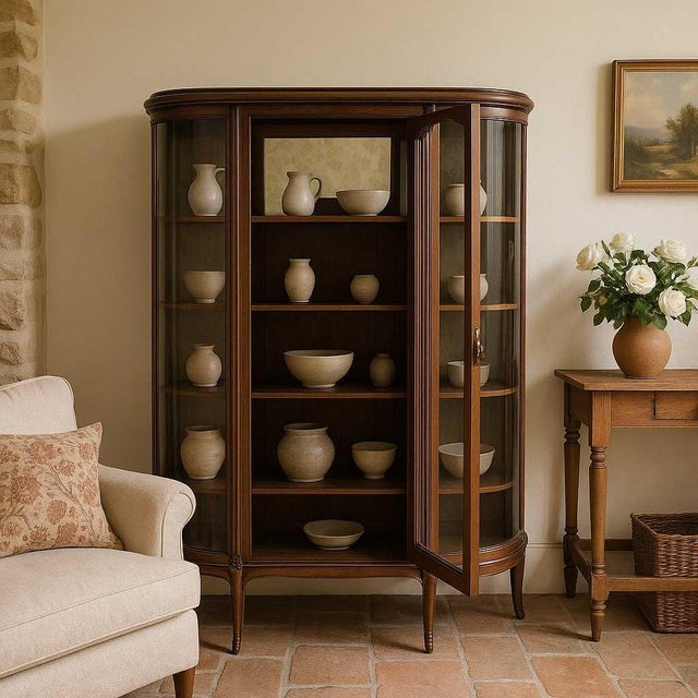 Edwardian Curved Glass Demi-Lune Display Cabinet. An elegant early-20th-century oak display cabinet with a shallow demi-...