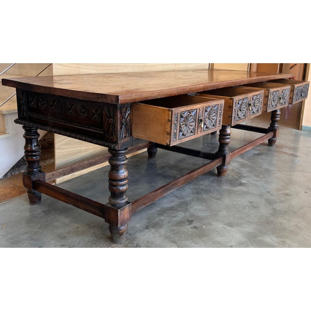 Unique piece 18th century Spanish refectory table. Beautiful console. Impressive farm table with four drawers Geometrical...