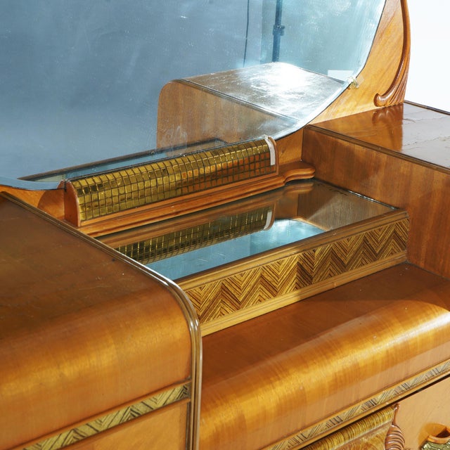 Vintage Waterfall Carved Satinwood Dressing Table with Bakelite Handles c1940 For Sale - Image 4 of 12