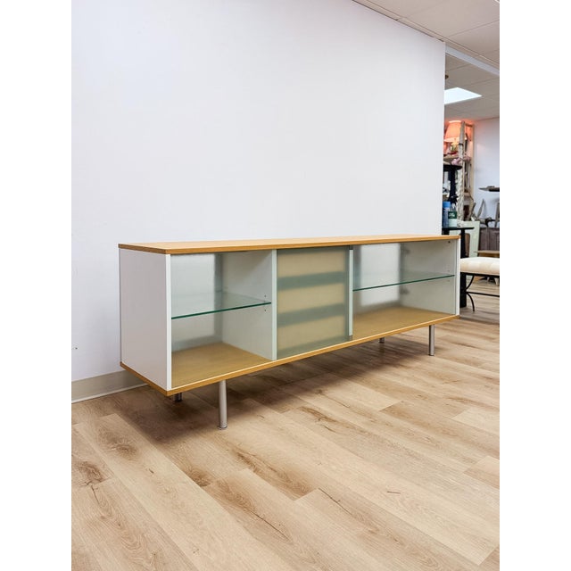 Modern MCM Wood Glass Metal Sideboard Credenza White Natural Frosted Glass For Sale - Image 12 of 13