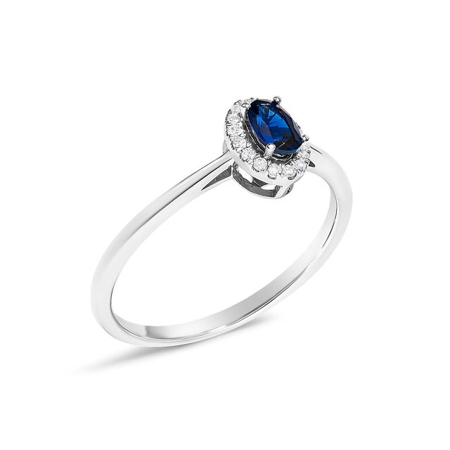 10K White Gold 5X3MM Oval Blue Sapphire and Diamond Accent Halo Ring (I-J Color, I1-I2 Clarity) - Ring Size 8 For Sale - Image 4 of 7