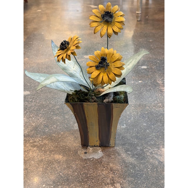 Traditional Tole Sunflower Arrangement in Painted Pot For Sale - Image 3 of 4