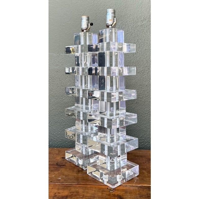 Vintage Stacked Lucite Blocks Lamps - A Pair For Sale - Image 10 of 12
