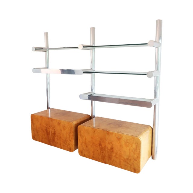 A stunning aluminum and glass Orba wall unit designed by Janet Schweitzer for the Pace Collection in 1974 with peak space...