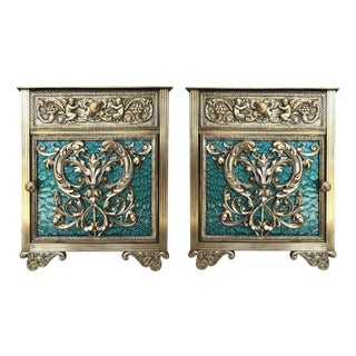 Late 19th Century Louis XVI Pair of Bronze Vitrine Nightstands with Green Glass Doors and Drawer For Sale