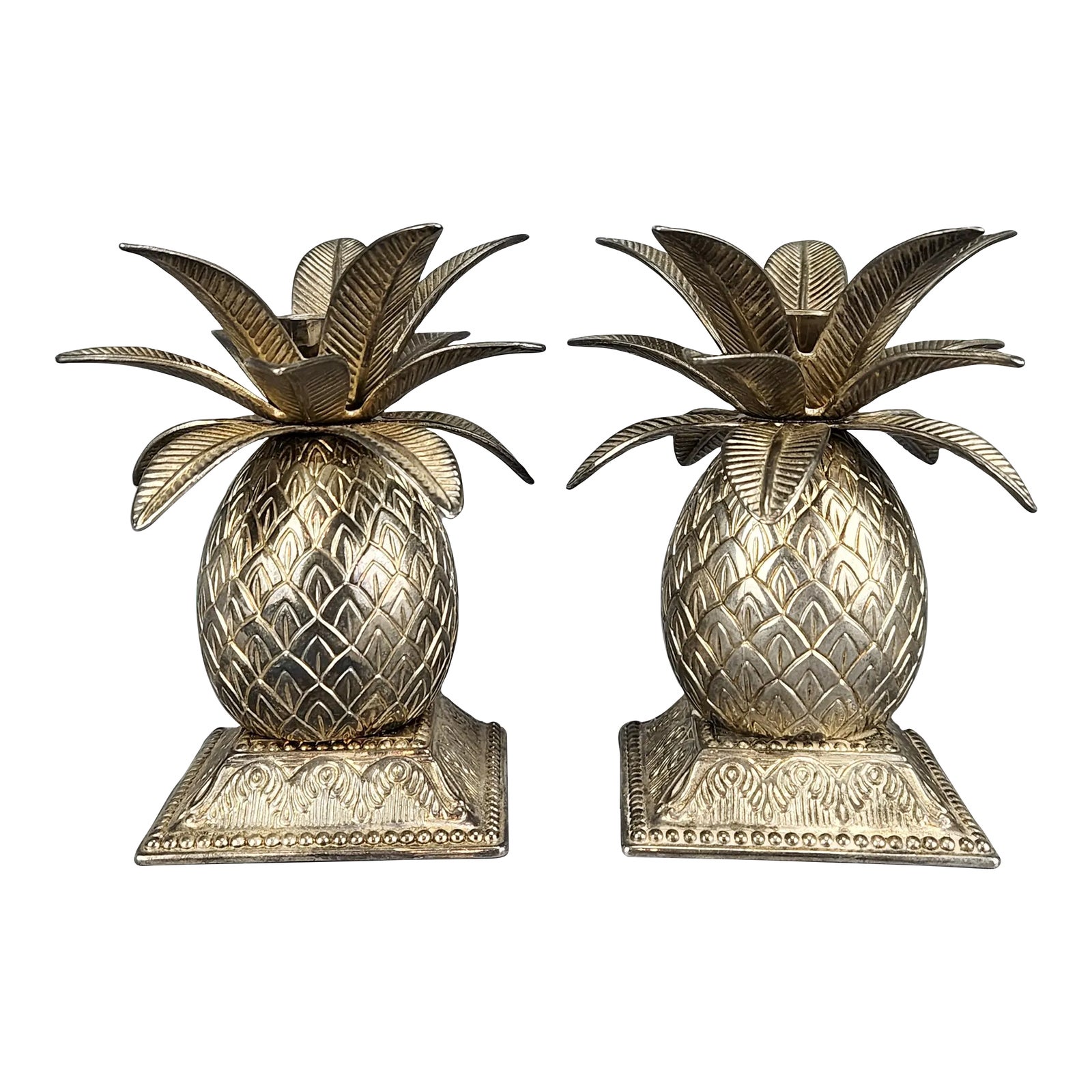 Pair of Silver Plated Metal Pineapple Candle Holders by Godinger Chairish
