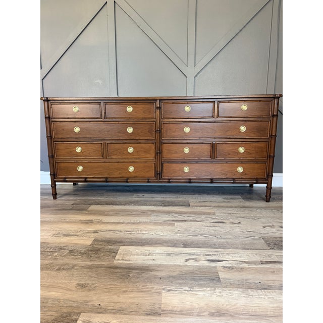 Offered is a rare, collector-grade 4-piece mid-century modern Chinoiserie faux bamboo bedroom suite manufactured by the...
