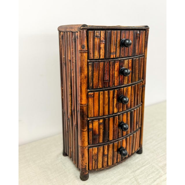 Mid-Century Modern Vintage Burnt Bamboo 3 Drawer Chest Boho Storage Jewelry Cabinet MCM Decor For Sale - Image 3 of 8
