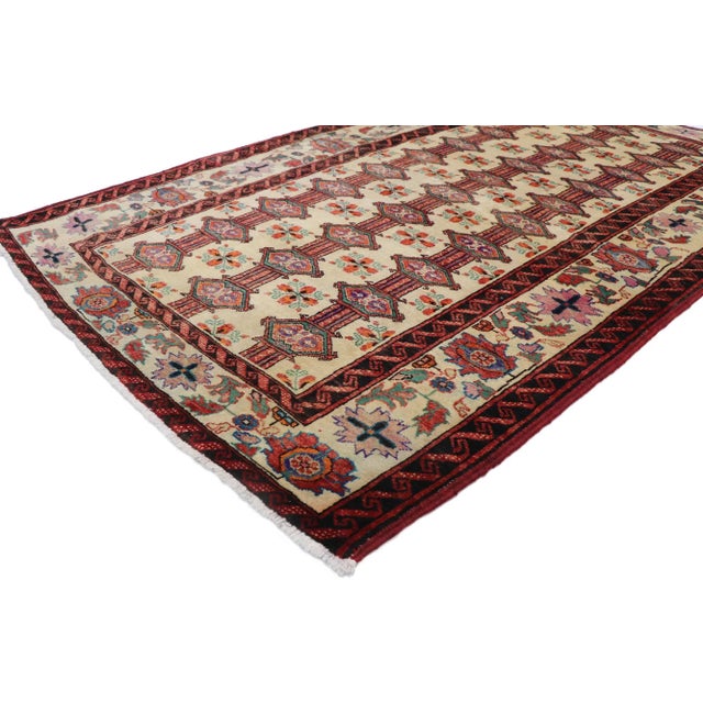 Vintage Persian Turkaman Rug with Tribal Style 03'08 x 05'08. Full of tiny details and a bold expressive design combined...