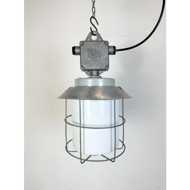 Metal Industrial Aluminium Cage Light with Milk Glass from Elektrosvit, 1970s For Sale - Image 7 of 17