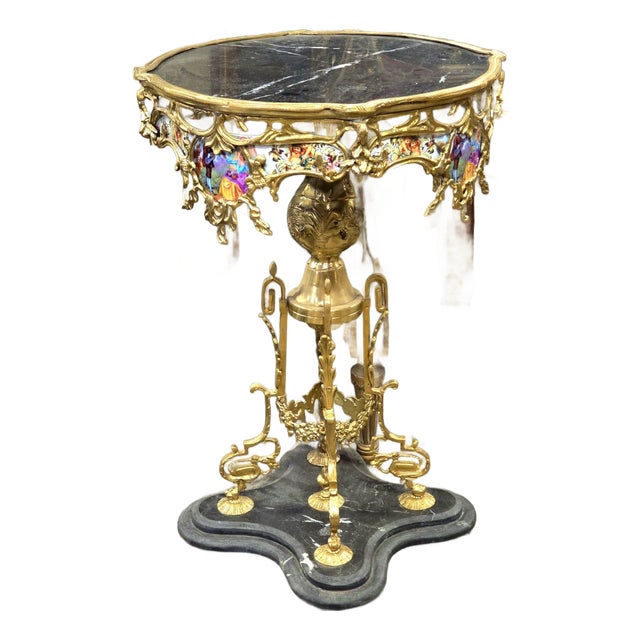 French Rococo Marble Top Accent Table – Gilded Bronze Pedestal With Hand-Painted Decorative Panels For Sale