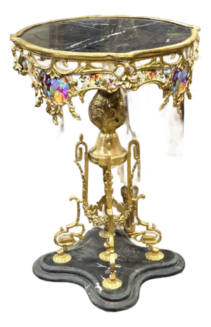French Rococo Marble Top Accent Table – Gilded Bronze Pedestal With Hand-Painted Decorative Panels