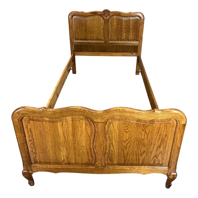 Vintage French Louis XVI Style Oak Single Bed Frame with Carved Headboard For Sale