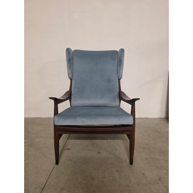 1950s armchair by Framar Elegant Swedish-style armchair. Teak wood frame. Reupholstered in blue velvet and replaced with...