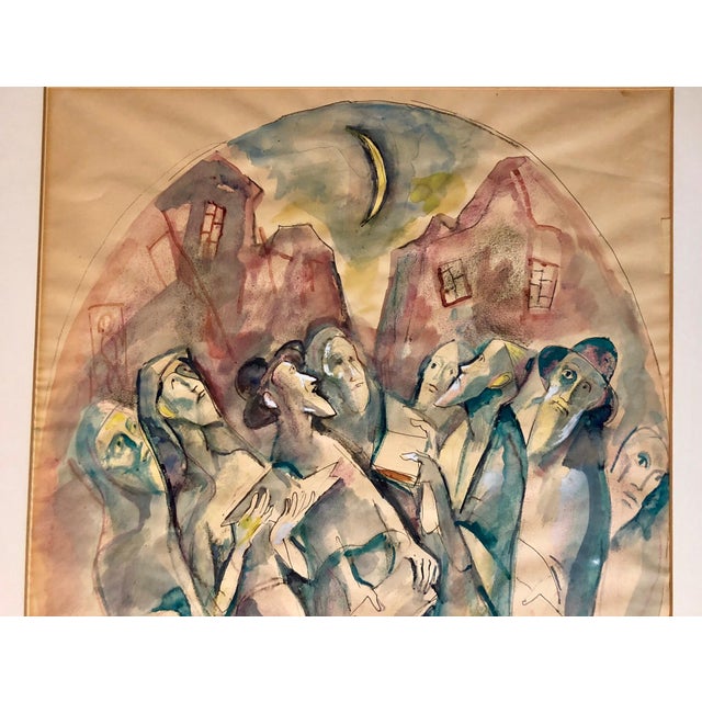 Emanuel Glicenstein Romano, Modernist Watercolor Painting Judaica Kiddush Levana Blessing New Moon For Sale - Image 4 of 6