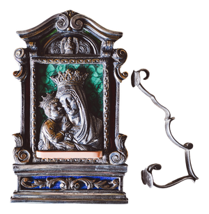 Antique Italian 800 Silver Madonna & Child Icon with Malachite Mosaic Enamel