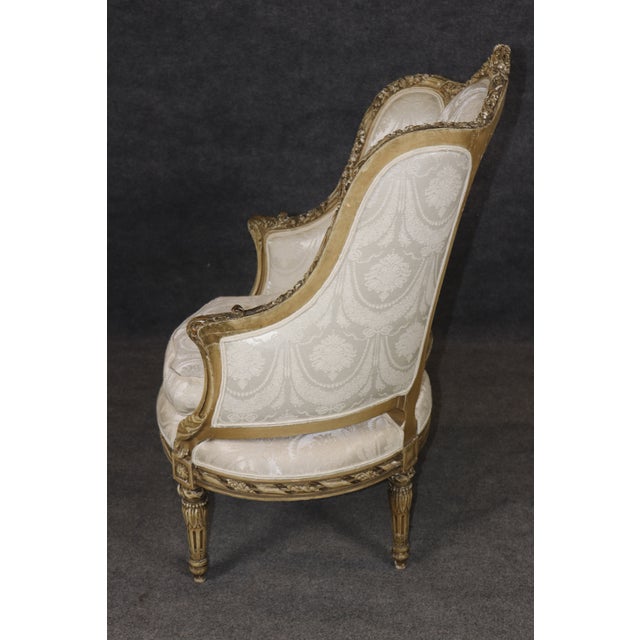 French Louis XVI Creme Painted Tall Back Heavily Carved Bergere Chair For Sale - Image 4 of 12