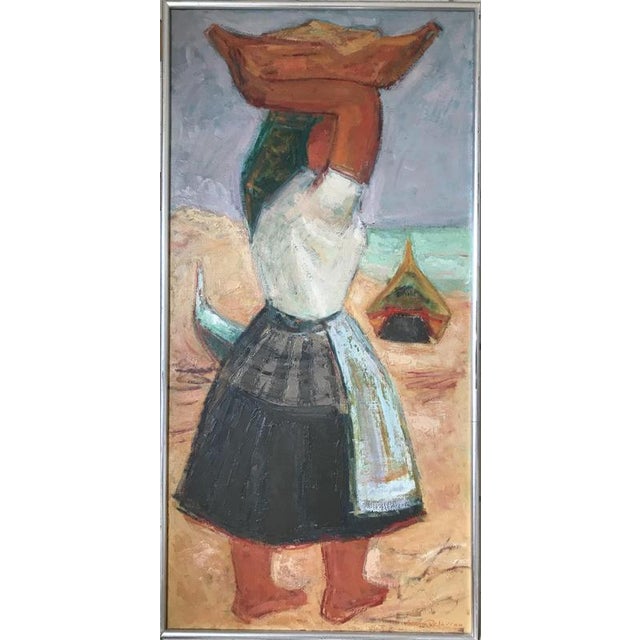 Textile Serge DELAVEAU, The Portuguese Fisherwoman, 1980s, Oil on canvas, signed For Sale - Image 7 of 7