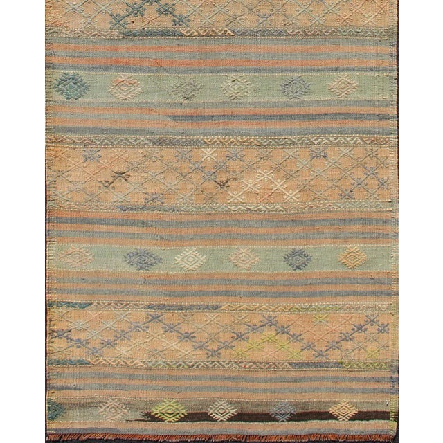 Turkish Vintage Hand Woven Turkish Kilim Runner With Geometric Shapes and Colorful Stripes For Sale - Image 3 of 12