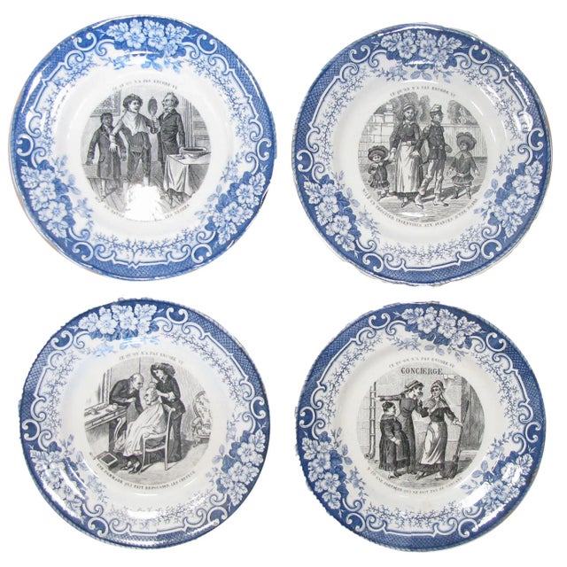 Blue 19thC. French Blue & White Transferware Plates, Set of 4 For Sale - Image 8 of 8