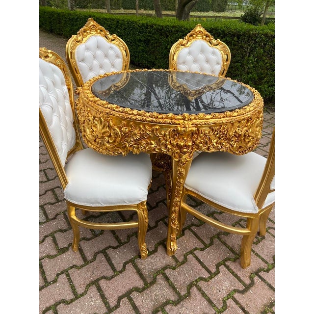 Gold 1970s Italian Baroque Gold Marble Leather Dining Set 5Pc For Sale - Image 8 of 18
