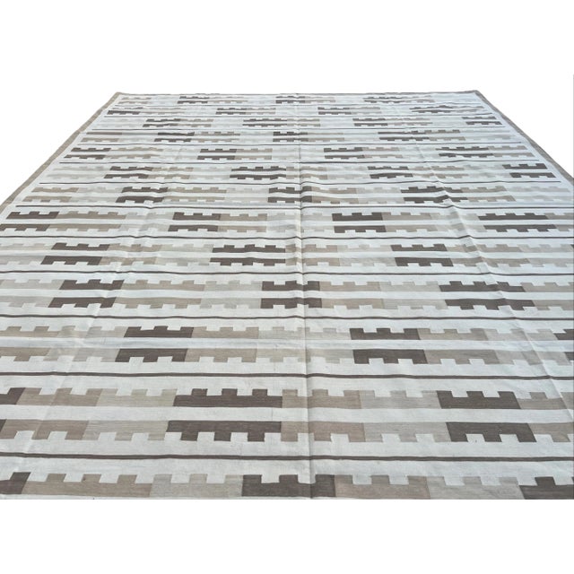 Textile Handmade Cotton Area Rug, Vegetable Dyed Beige and White Marianne Striped Dhurrie-10'x14' For Sale - Image 7 of 10