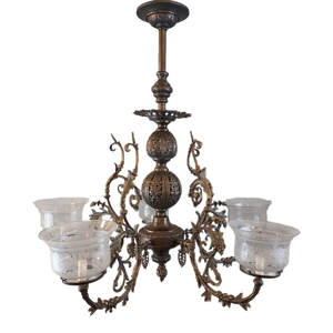 Late 19th Century Ornate Five Light Gas Chandelier With Gas Shades
