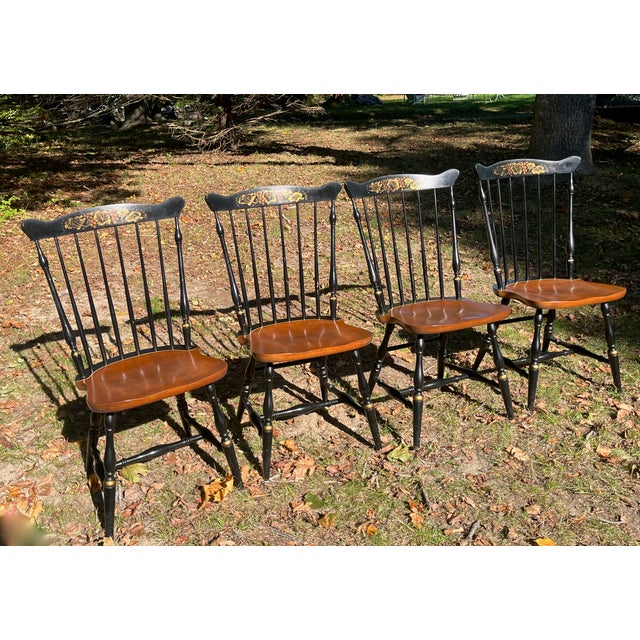 Wood Set 4 Hitchcock Fantop Windsor Dining Chairs Signed Grape Stencil Maple Seats Farmhouse For Sale - Image 7 of 7