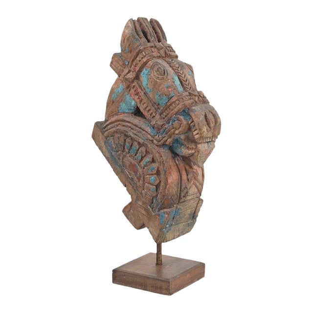 Antique Indian Carved Teakwood Horse Head Corbel on Stand For Sale