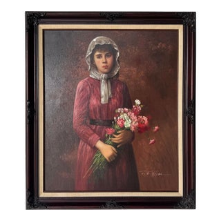 Vintage Painting of Woman With Flowers – Oil on Canvas, Signed For Sale