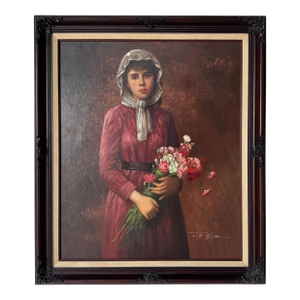 Vintage Painting of Woman With Flowers – Oil on Canvas, Signed