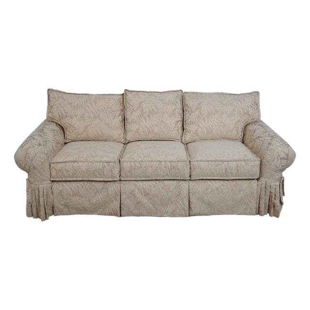 Ethan Allen Off White Damask Upholstered Rolled Arm Sofa For Sale
