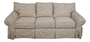 Ethan Allen Off White Damask Upholstered Rolled Arm Sofa