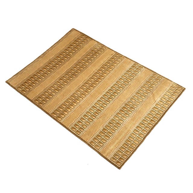 Modern 6'x9' Hand-Knotted Modern Tibetan Wool & Silk Carved Linear Rug in Gold & Green For Sale - Image 3 of 10