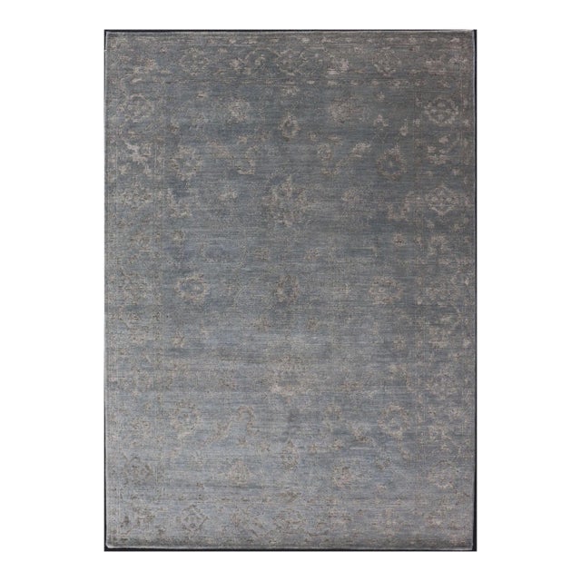 Modern Hand-Knotted Rug in Wool With Floral Design in Blue and Gray For Sale
