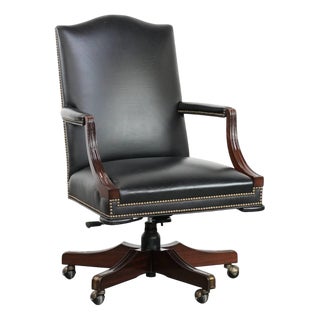 English Style Black Cowhide and Wooden Chesterfield Swivel Office Chair For Sale